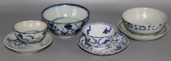 A Kangxi blue and white tea bowl and saucer and five Teksing cargo wares